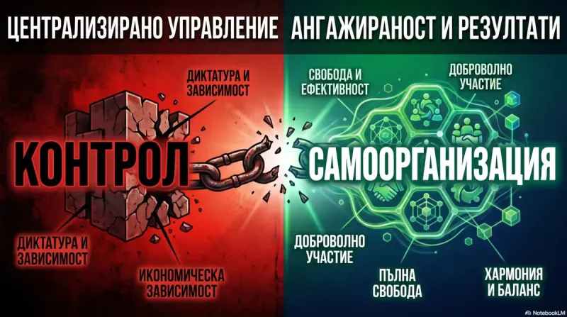 Сравнение между Контрол (диктатура/зависимост) срещу Самоорганизация (свобода/резултати)